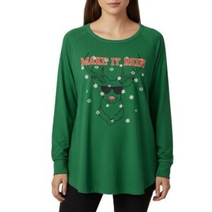 Merry Wear Graphic T-Shirt Women XL Green Make It Rein Reindeer Holiday‎ Top